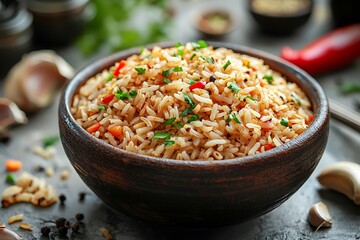 Rustic spiced rice fresh herb garnish vibrant bowl high resolution picture
