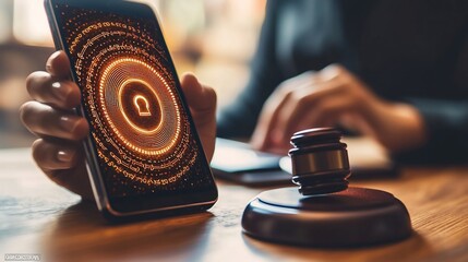 A person holds a phone displaying a digital lock symbol near a gavel on a wooden table. It suggests online legal processes or digital security in law