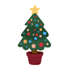 Christmas tree decorated with colorful baubles and topped with a golden star in a red flowerpot. Festive holiday design perfect for Christmas clipart, winter greeting cards, New Year invitations.