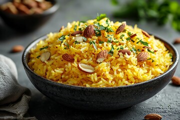 rustic table featuring yellow rice with almonds high resolution picture