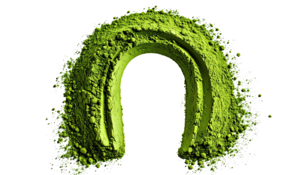 A vibrant green horseshoe shape formed from powder