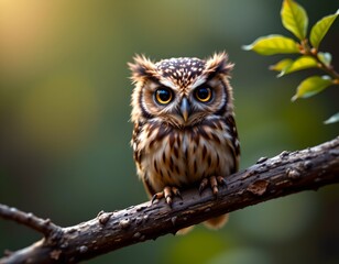 Obraz premium This is a close up image of an owl perched on a branch. The owl has distinctive feather patterns and is gazing to its right