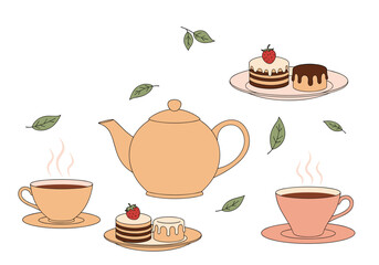 A delightful tea time with sweet pastries and steaming beverages.