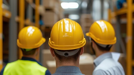 Three individuals wearing yellow hard hats observe a warehouse, emphasizing safety and teamwork in an industrial setting.