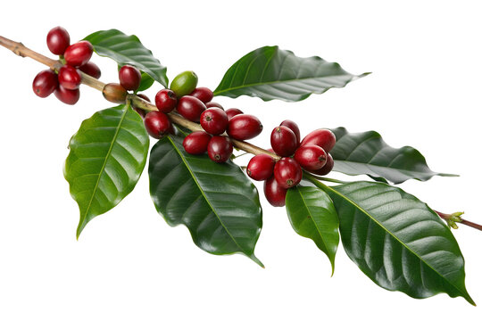 Fresh coffee cherries with glossy green leaves on branch isolated on white background macro closeup