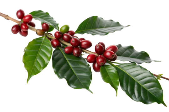 Fresh coffee cherries with glossy green leaves on branch isolated on white background macro closeup