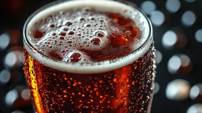Close-up of a chilled beer glass with bubbles, dark background