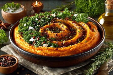 Rustic Table With Mashed Sweet Potatoes high resolution picture