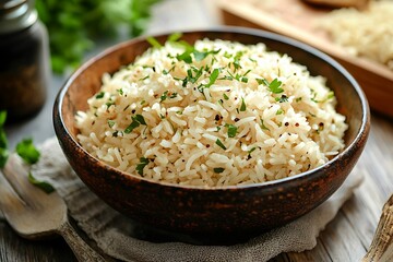 Rustic wooden bowl filled aromatic basmati rice fresh herbs garnish high resolution picture