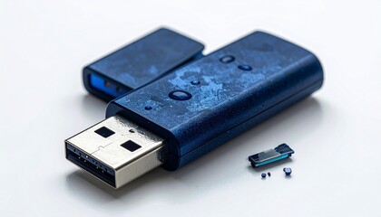 Blue USB flash drive with cap removed.
