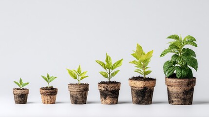 Fototapeta premium Plant Growth Stages: A series of small plants arranged in order of development, showcasing growth from seedling to full plant in rustic pots.