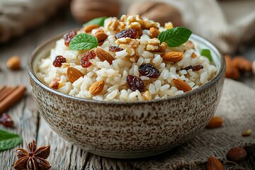 Rustic wooden bowl holding rice dish with nuts and raisins high resolution picture