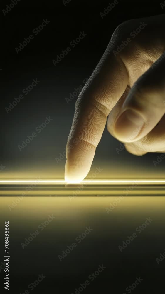 Poster exploring light and touch with a hand gliding over a glowing surface in a dimly lit room