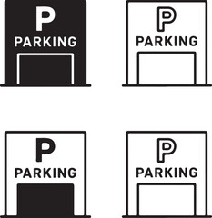 Parking entrance icons set,black parking icons,entrance icons,solid silhouette,line art outline,filled minimal style,thin stroke outline,isolated vector design for transport and urban themes
