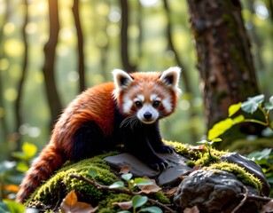 Fototapeta premium A red panda sitting on a rock in a forested area with moss and trees around.