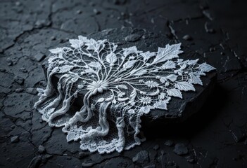 Ethereal White Lace Design Cast Upon a Rough Black Stone Surface   Gothic Style, Shadow Play, Moody and Atmospheric Setting