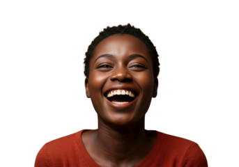 Authentic expression of joy from a cheerful African American woman isolated on transparent cutout background, cut out, png