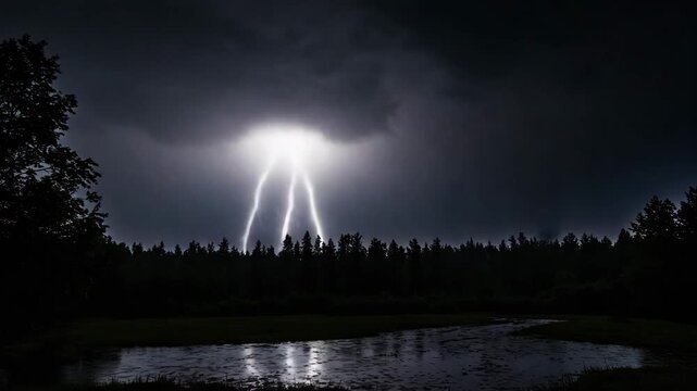 A dramatic flash of immense energy as a powerful forked lightning bolt tears through dark storm clouds, its brilliant light reflecting on the water