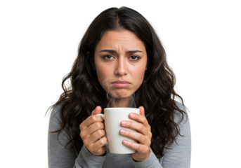 Portrait of a melancholy woman with a steamy mug of hot tea isolated on transparent cutout background, cut out, png