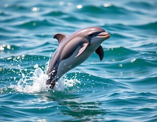 Fototapeta premium A dolphin in a body of water. The dolphin appears to be swimming with its mouth open, possibly in motion