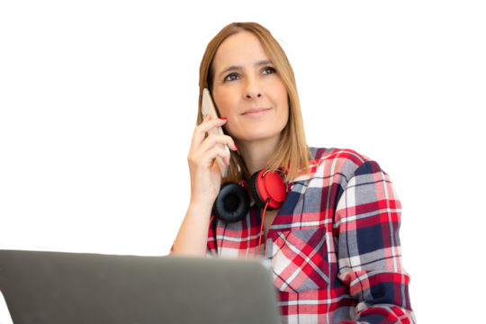 Portrait of young caucasian casual woman talking with mobile over transparent background. PNG