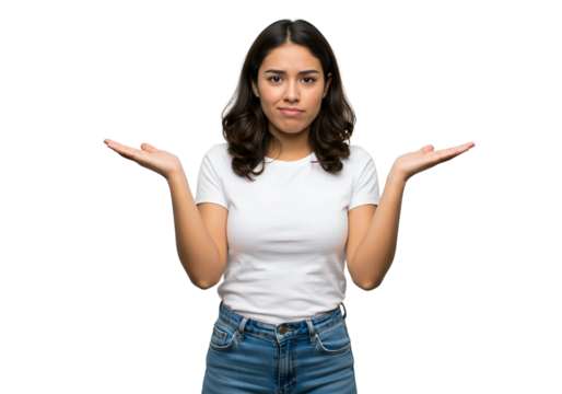 Puzzled brunette woman shrugging her shoulders in confusion and doubt isolated on transparent cutout background, cut out, png