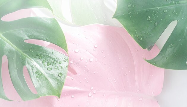 Pastel blurred foggy background with pink and green tropical monstera leaves. 
