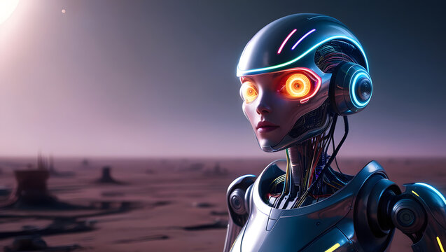 Futuristic female android with glowing neon eyes gazes across a desolate alien planet, a vision of advanced AI in a new world