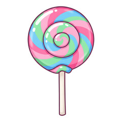 Cartoon lollipop with swirl design in pink and blue, candy artwork perfect for sweet shop illustration or fun children�s decoration