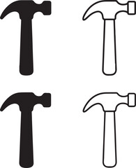 Hammer icons set,black hammer icons,tool icons,solid silhouette,line art outline,filled minimal style,thin stroke outline,isolated vector design for construction and repair work