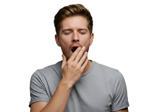 Tired Man Yawning, Exhausted Expression isolated on transparent cutout background, cut out, png