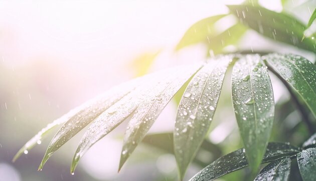 Pastel pink background with green tropical leaves with water droplets in the rain in sunbeams. 