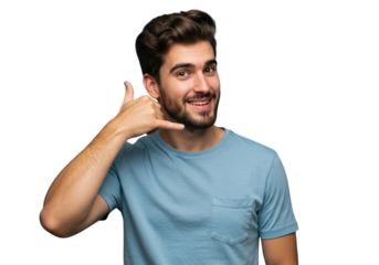 Young handsome man with a beard making a call me gesture while smiling isolated on transparent cutout background, cut out, png