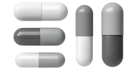 PNG white pills and gray capsules isolated