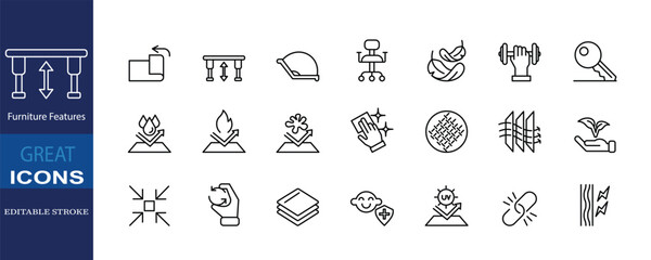 Set of 21 editable stroke icons representing furniture features such as foldable, adjustable height, ergonomic, waterproof, scratch resistant, eco-friendly, and multifunctional.