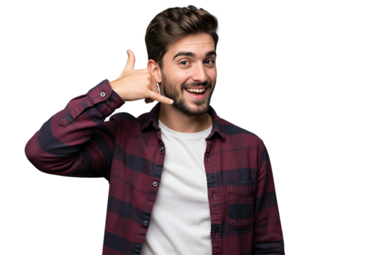 Cheerful caucasian man making a phone call gesture isolated on transparent cutout background, cut out, png