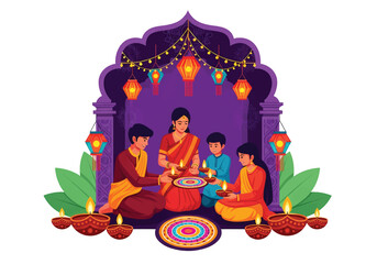 Flat style illustration of an Indian family celebrating Diwali by lighting diyas around a rangoli, surrounded by lanterns and garlands, symbolizing unity, joy, and the spirit of the festival of lights