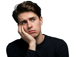 Portrait of a dejected young man looking tired and bored isolated on transparent cutout background, cut out, png