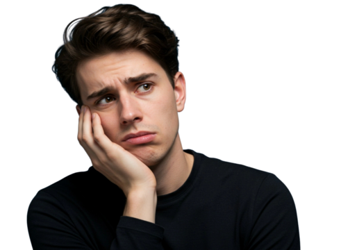 Portrait of a dejected young man looking tired and bored isolated on transparent cutout background, cut out, png