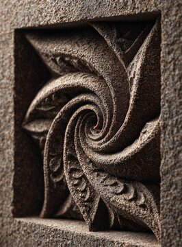 Intricate, textured, square relief sculpture.  Spiral design with organic, leaf-like elements
