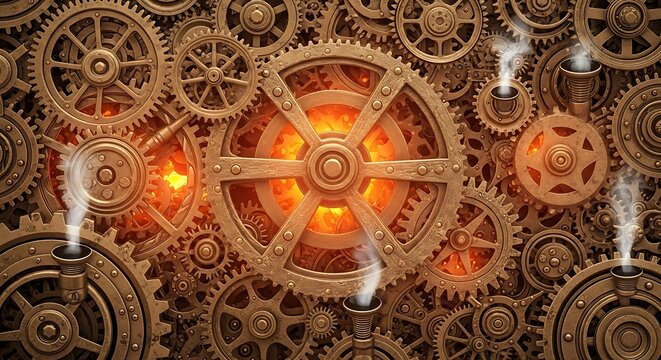 Intricate steampunk clockwork mechanism with glowing orange lights and gears