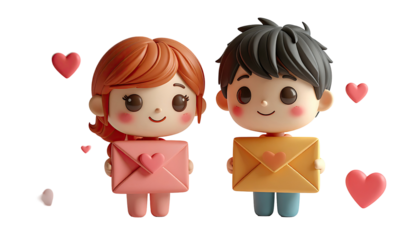 Cute cartoon couple holding envelopes. Hearts around them