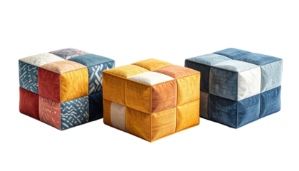 Three colorful patchwork cube ottomans