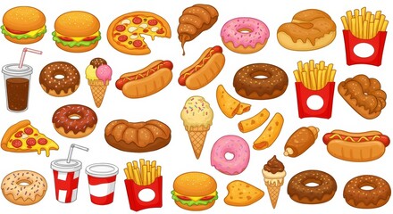 Colorful Cartoon Fast Food Icons Element Set with Burgers, Pizza, Fries, Hot Dogs, Donuts and Soda on Transparent Background for Menus and Apps