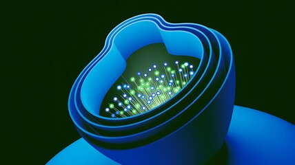 Abstract 3d rendering featuring layered blue and green shapes with optical fiber connections against a dark backdrop.