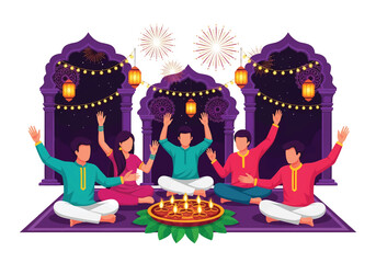 Colorful illustration of people celebrating Diwali with lanterns, fireworks, and traditional oil lamps, symbolizing joy, light, togetherness, and cultural festivity in an Indian setting