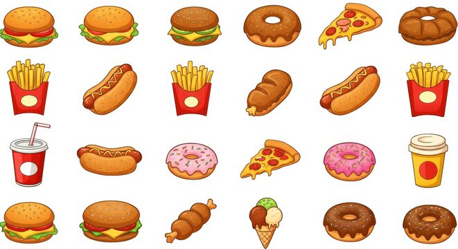 Colorful Cartoon Fast Food Icons Element Set with Burgers, Pizza, Fries, Hot Dogs, Donuts and Soda on Transparent Background for Menus and Apps