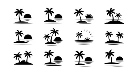 Obraz premium Tropical Island and Sunset Silhouettes Set