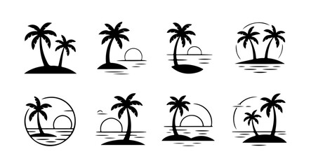 Palm Tree Island Sunset Vector Icons
