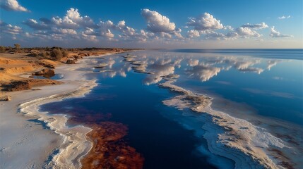 Serene Salt Lake Landscape with Mirror-like Water Reflection, Vibrant Blue Sky Clouds, and Crystalline Orange Salt Formations at Sunset